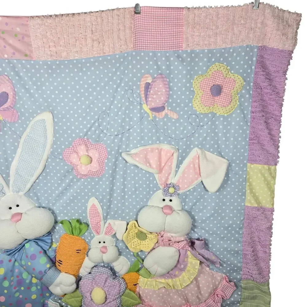 Vintage Quilted Bunny Rabbit Nursery Blanket Puffy 3D Applique Pastel Blue Pink